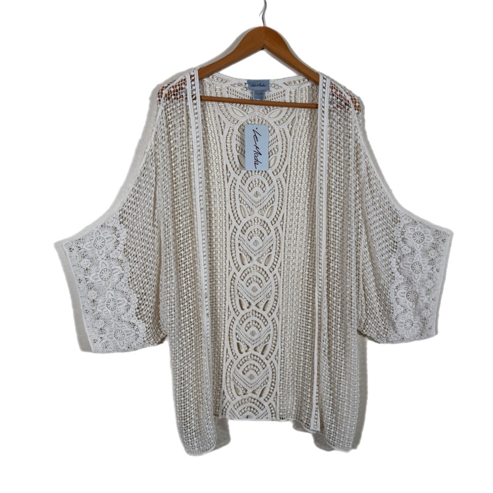 Le Moda Boho Crochet Open Front Cardigan/Beach Coverup M Ivory Romantic Beachy